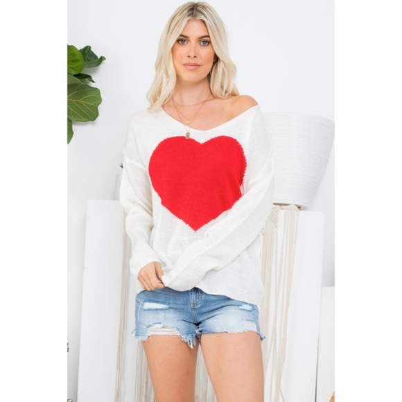 SOLD OUT White Red Heart Knit V-Neck Valentines Day Long Sleeve Relaxed Sweater - Picture 3 of 10